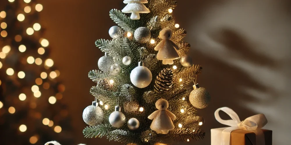 DALL·E 2024-12-21 00.07.47 - A charming small Christmas tree placed on a wooden table, approximately 90 cm tall, decorated in a minimalist style with white and silver ornaments an